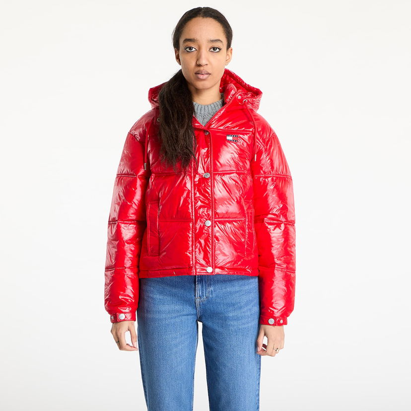 Puffer jakke Tommy Hilfiger Tommy Jeans Shiny Hooded Badge Jacket Rød | DW0DW20210 XME