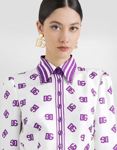 Kjole Dolce & Gabbana Dolce & Gabbana DG Logo All-over Print Twill Shirt Dress Lilla | F6TMNTHI1Z5HA9AP, 3