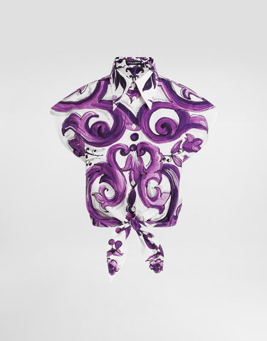 Crop top Dolce & Gabbana Dolce & Gabbana Majolica-Print Tie-Front Poplin Crop Top Lilla | F5T53THH5ENIP3TN, 0