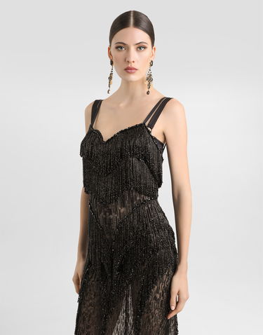 Kjole Dolce & Gabbana Dolce & Gabbana Long Marquisette Dress with Sequined Fringe Sort | F6TPAZGDC1EN0000, 3