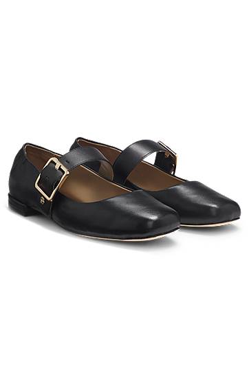 Tilbehør BOSS Leather Ballerina Pumps with Buckled Strap Sort | 50548547