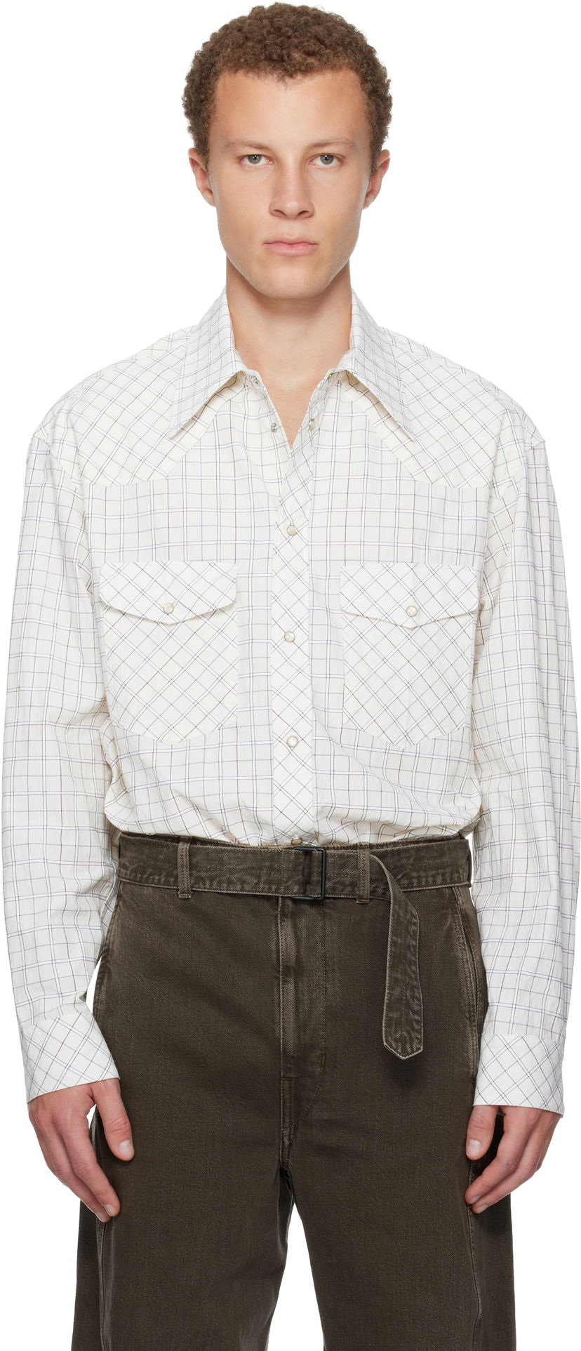 Skjorte LEMAIRE Checked Western Snap-Button Shirt Hvid | SH1209 LF1503