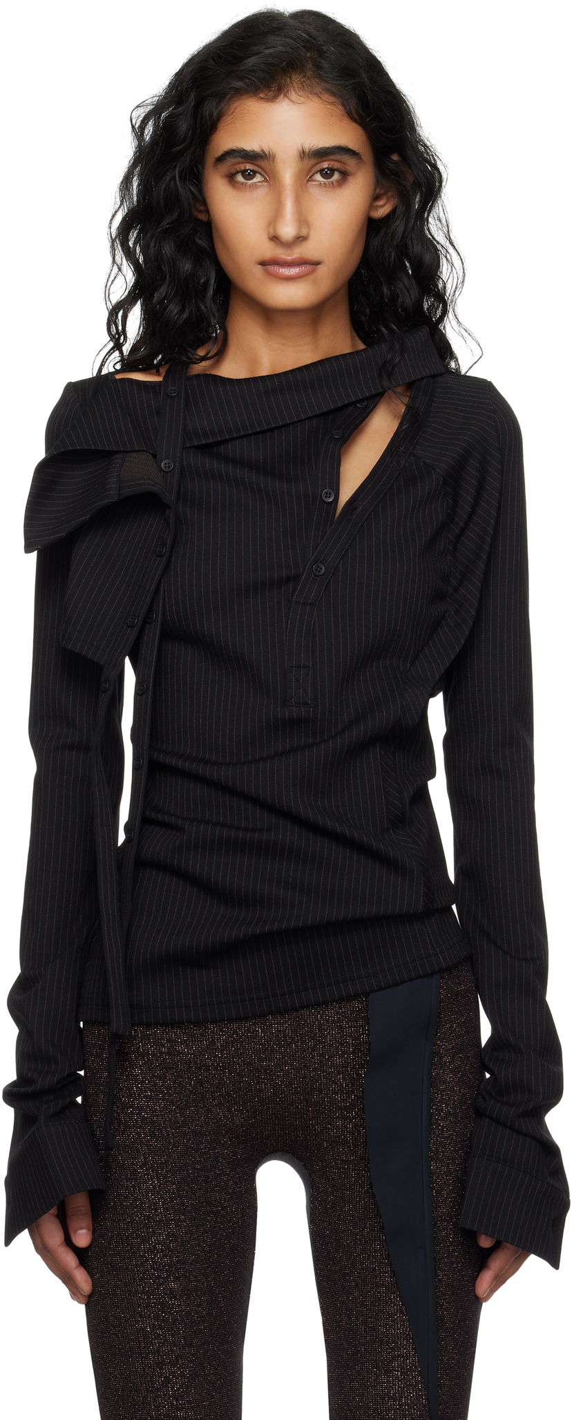 Skjorte Ottolinger Ada Pinstripe Asymmetric Long Sleeve Blouse Sort | 102-105904-01