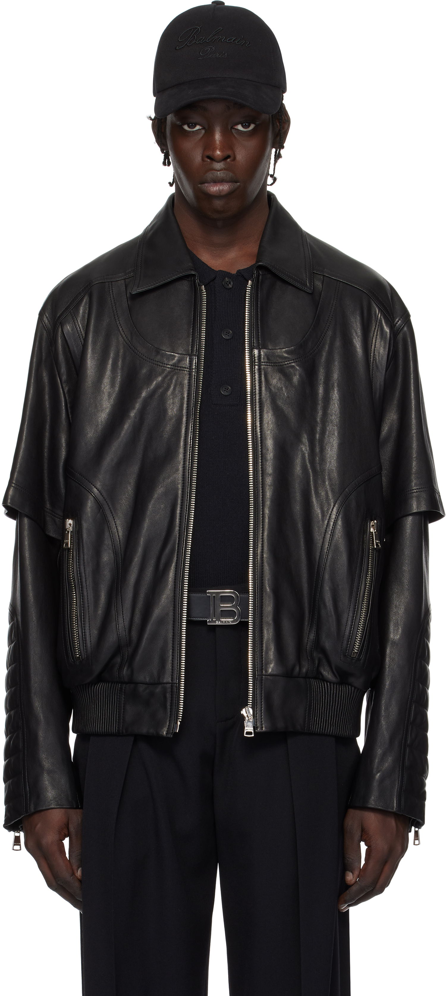 Bomberjakke Balmain Balmain Layered Leather Jacket Sort | EH1TF936LC62, 0