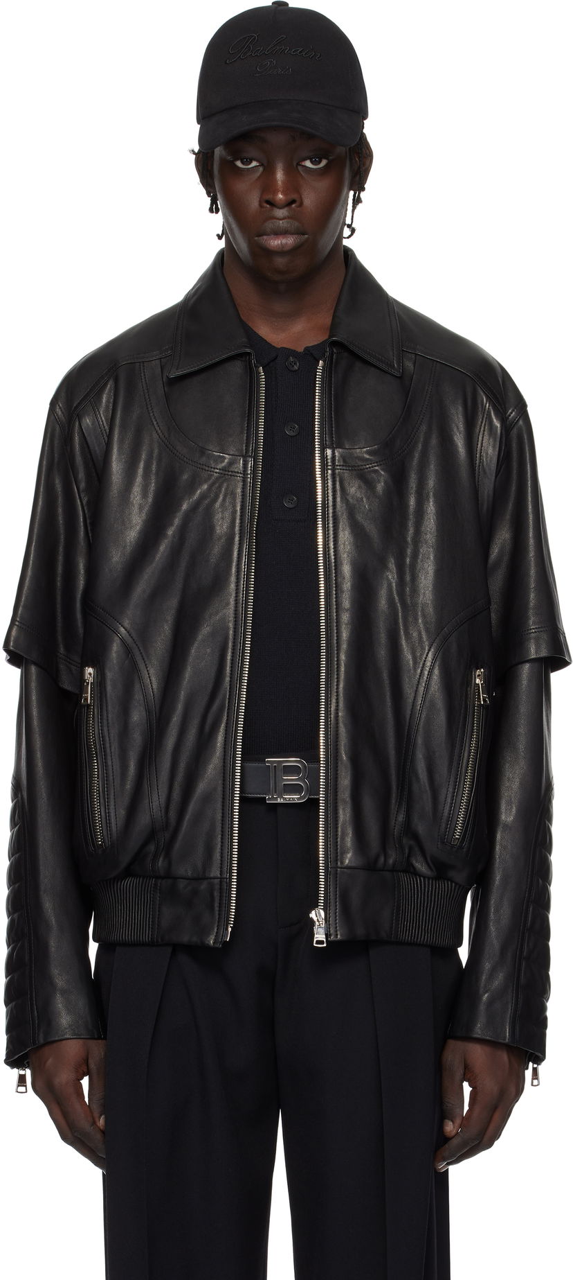 Bomberjakke Balmain Balmain Layered Leather Jacket Sort | EH1TF936LC62