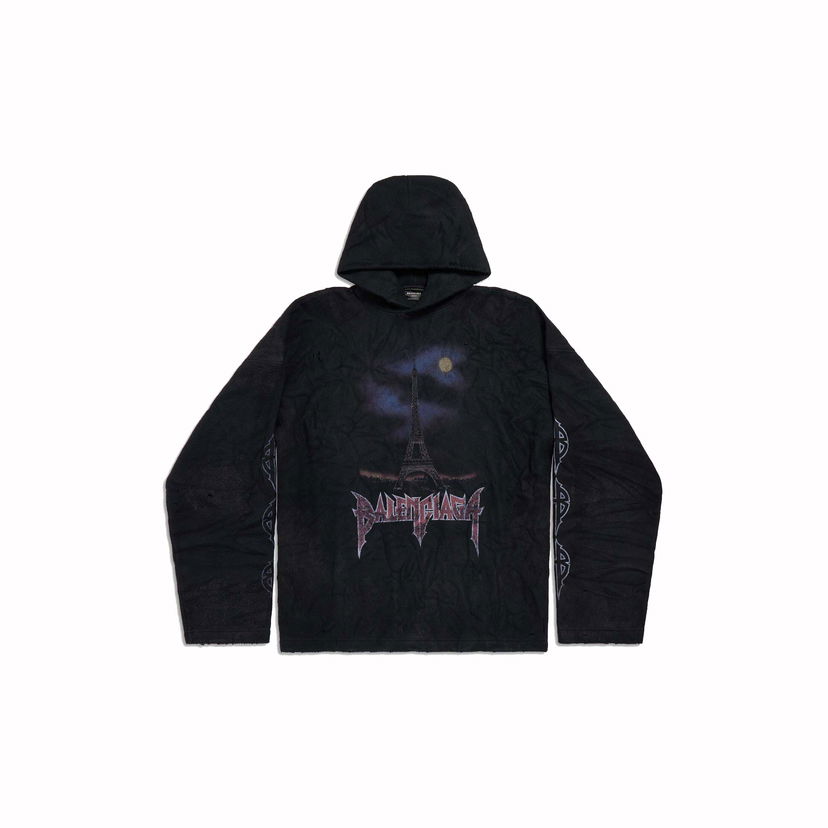 Sweatshirt Balenciaga Paris Moon Crinkled Hoodie Sort | 744435TOVJ41000