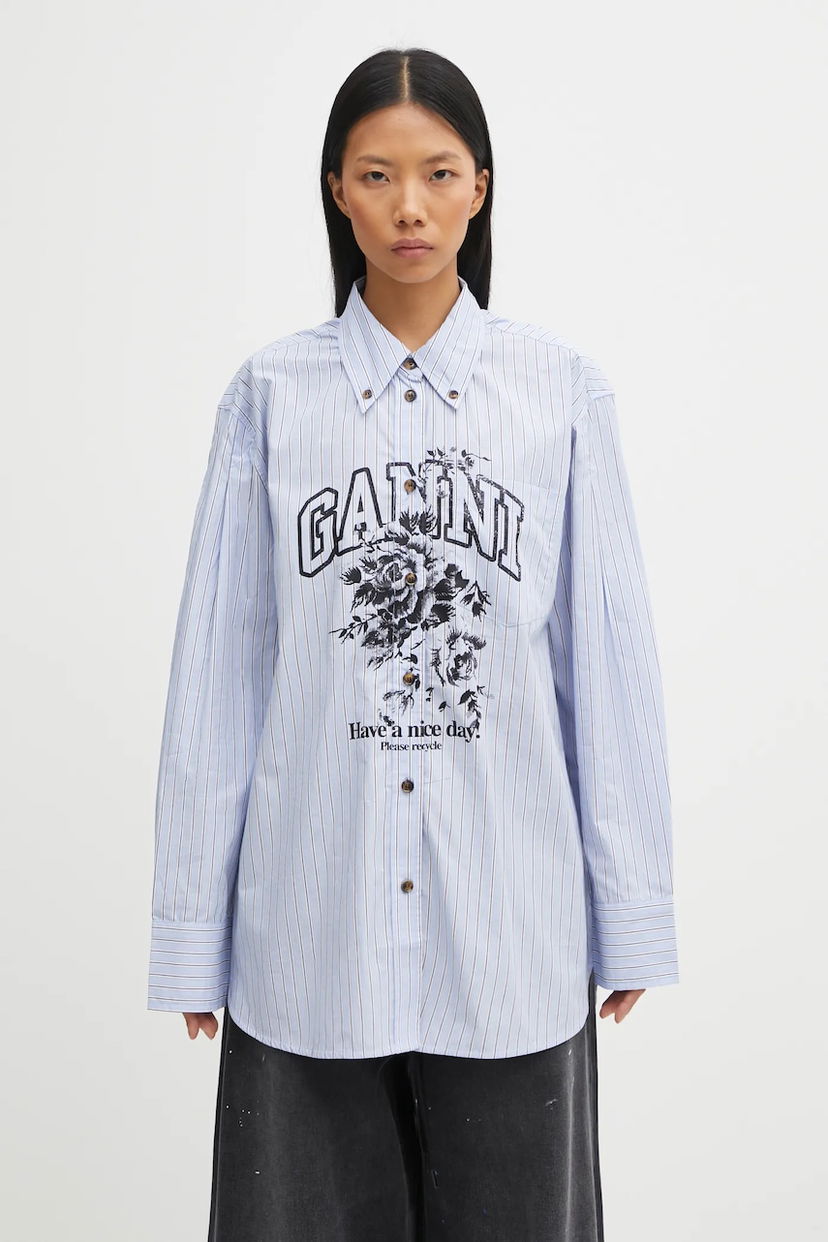Skjorte GANNI Stripe Cotton Oversized relaxed classic collar shirt Blå | W0826
