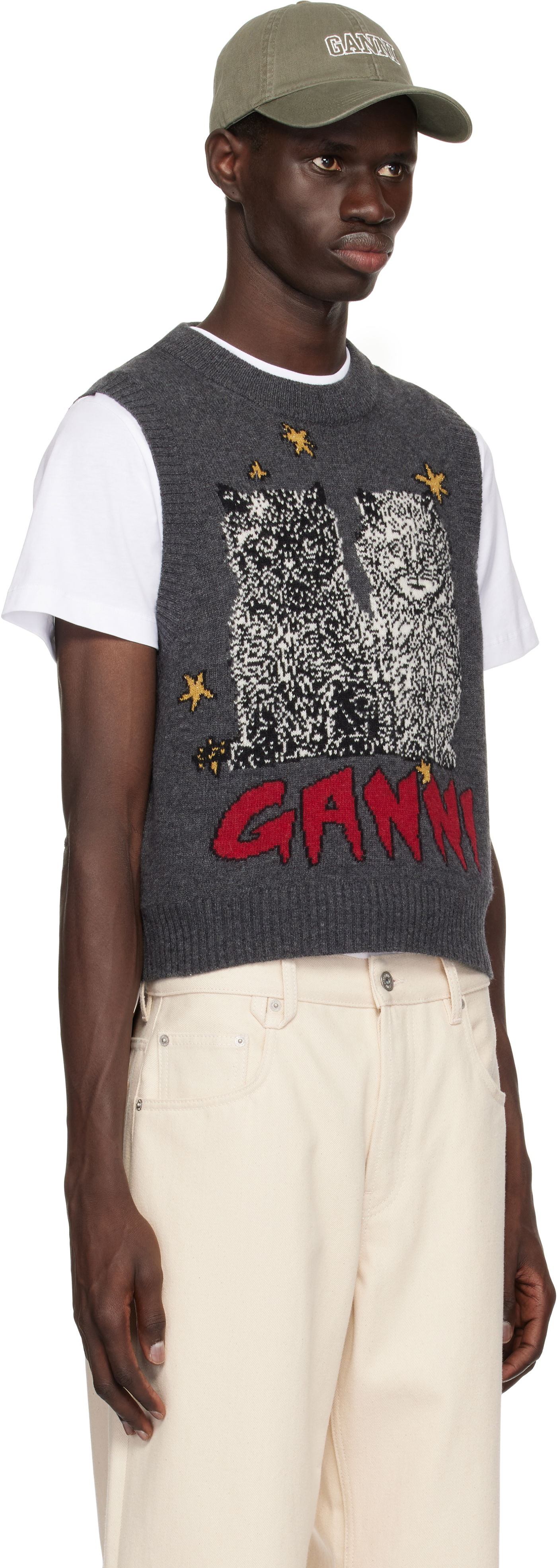 Sweater GANNI GANNI Graphic Cats Knit Vest Grå | K2375, 1