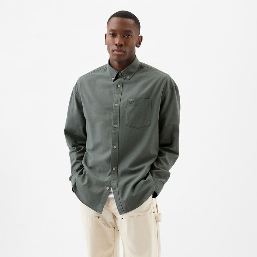 Skjorte GAP Longsleeve Standard-Fit Oxford Logo Shirt Laurel Wreath Green 17-6 Grå | 887258-03