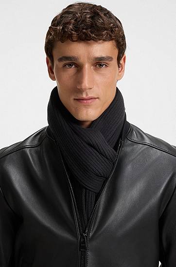 Tørklæde BOSS Ribbed Cotton-Blend Scarf with Logo Detail Sort | 50522441, 1