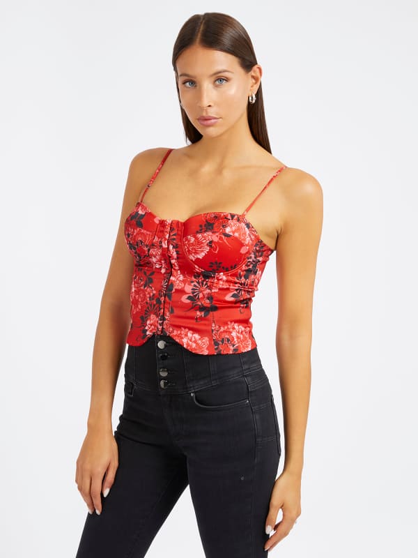 Tanktop GUESS Floral Print Bustier Top Rød | W4RH17WD1R2, 0