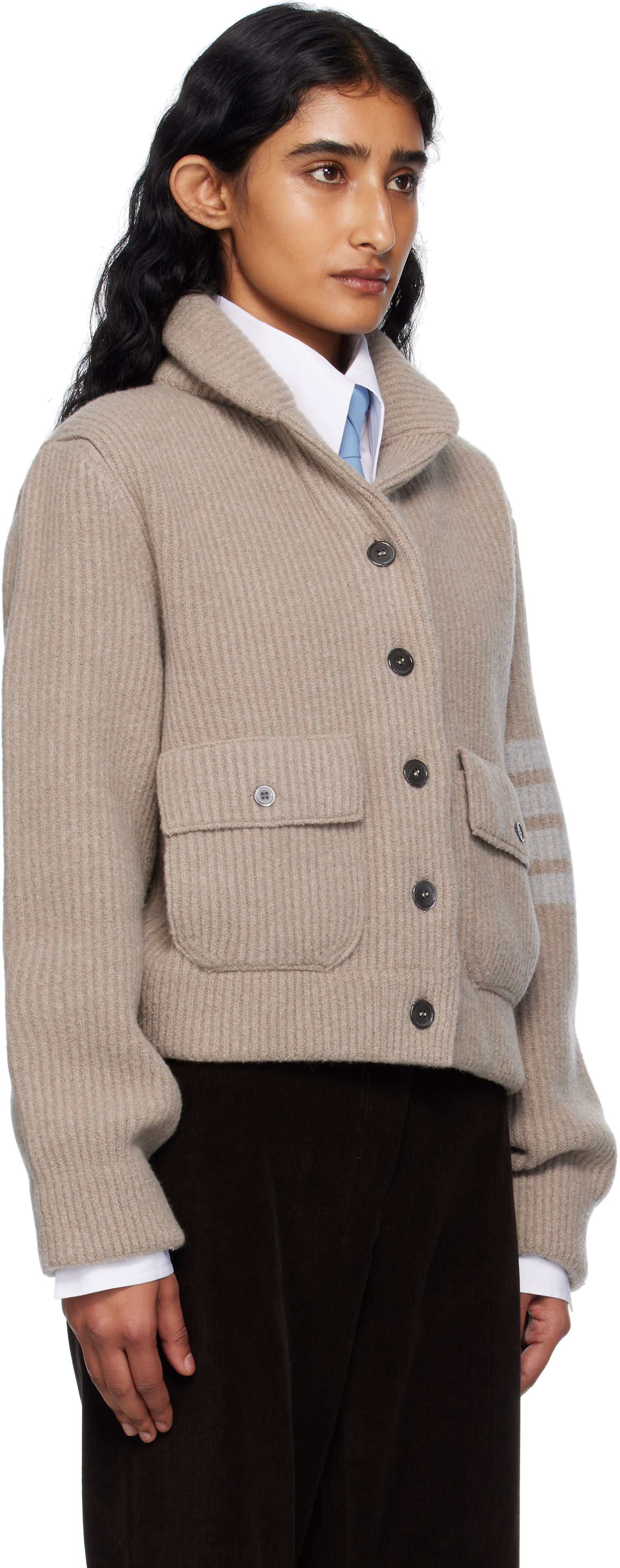 Sweater Thom Browne Thom Browne Merino Wool 4-Bar Bomber Cardigan Beige | FKJ116A-Y1059, 1