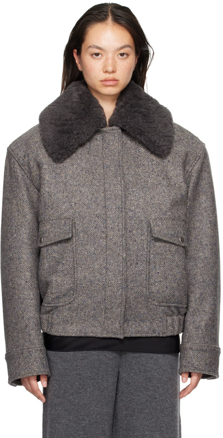 Bomberjakke Stella McCartney Wool Trimmed Jacket Grå | 6601003EJ670