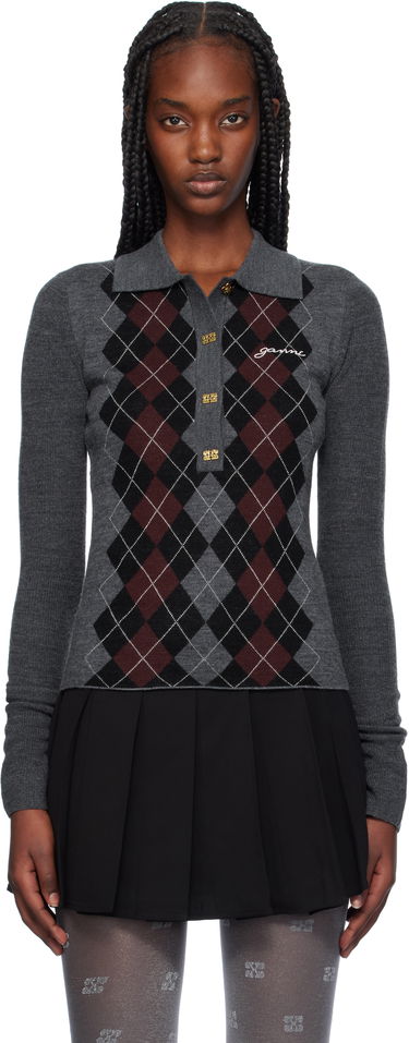 Polo skjorte GANNI Knitted Argyle Polo Top Grå | K2314, 0