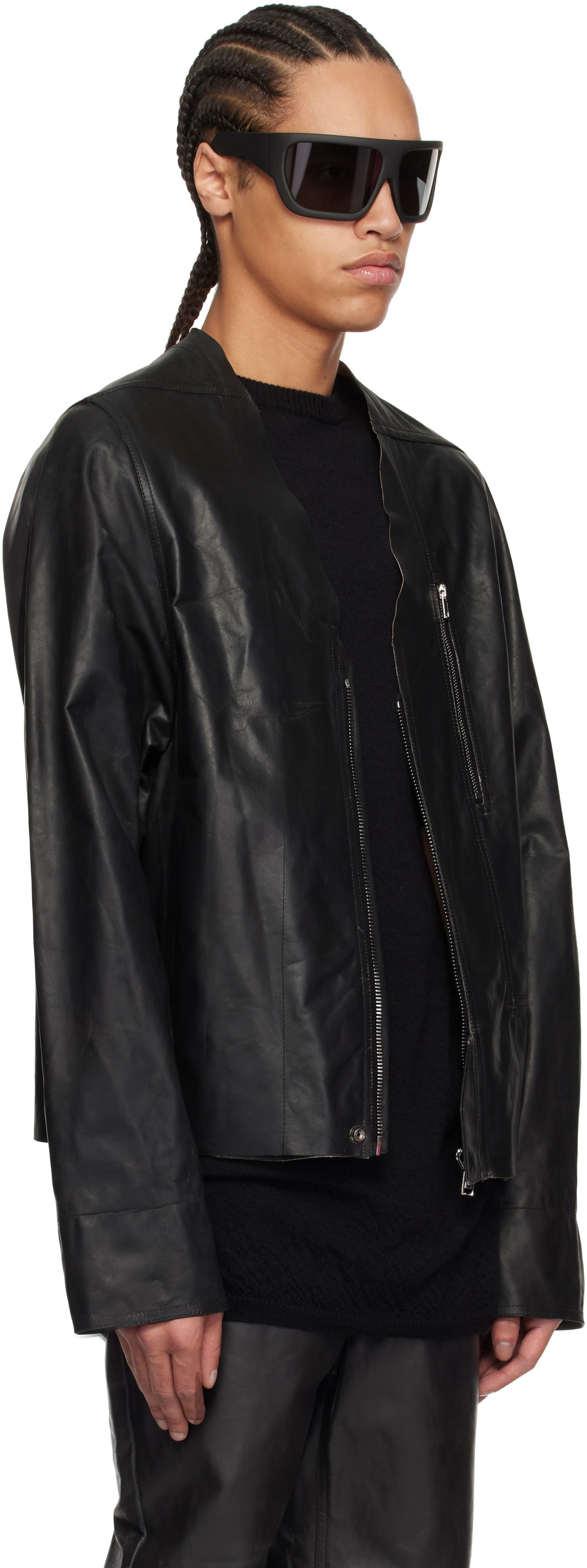 Jakke Rick Owens Rick Owens Hollywood V Safety Leather Jacket Sort | RU01E5775 LTP, 1