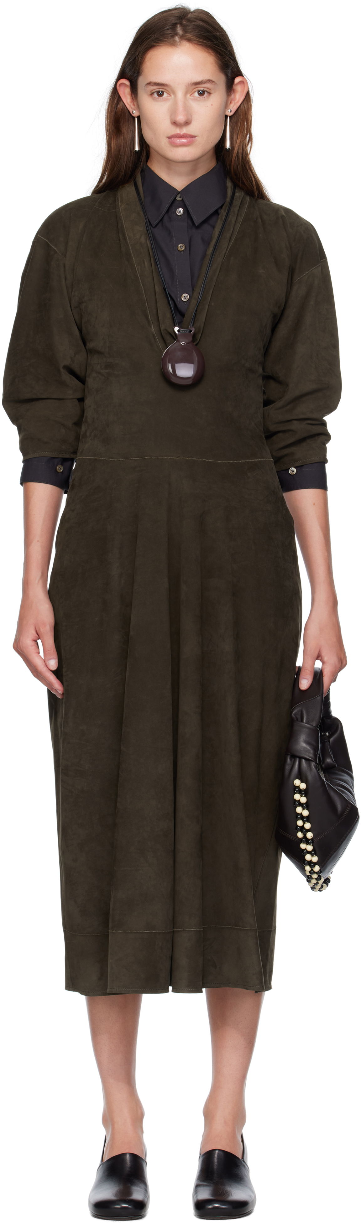 Kjole LEMAIRE Lemaire V-Neck Nubuck Midi Dress Grøn | DR1122 LL0148, 0