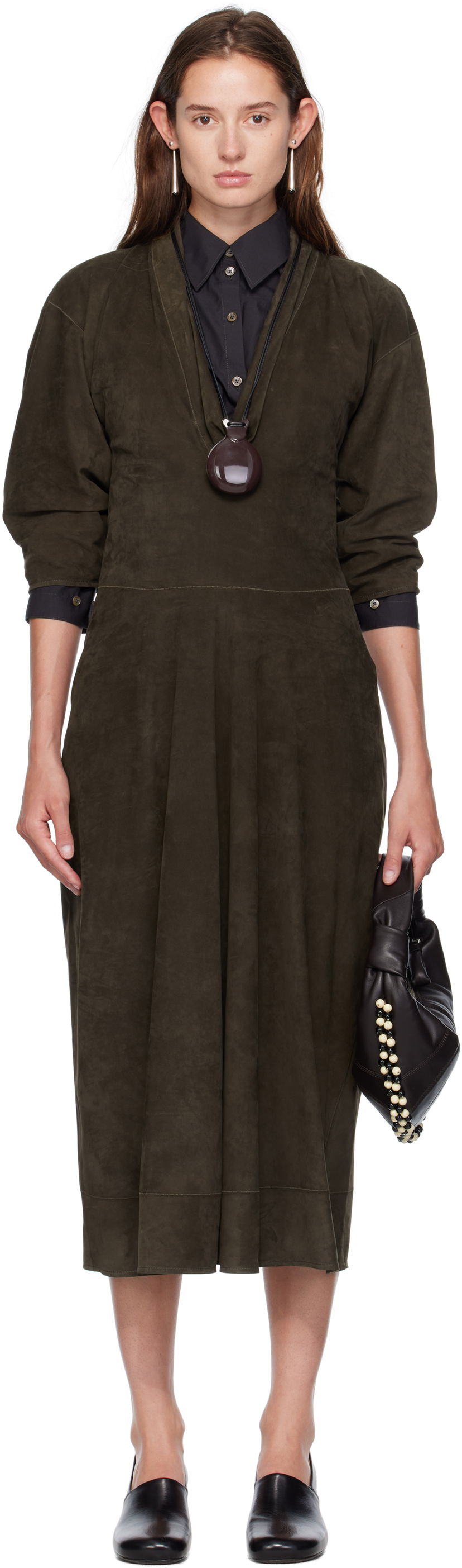 Kjole LEMAIRE Lemaire V-Neck Nubuck Midi Dress Grøn | DR1122 LL0148