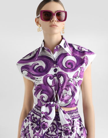 Crop top Dolce & Gabbana Dolce & Gabbana Majolica-Print Tie-Front Poplin Crop Top Lilla | F5T53THH5ENIP3TN, 3