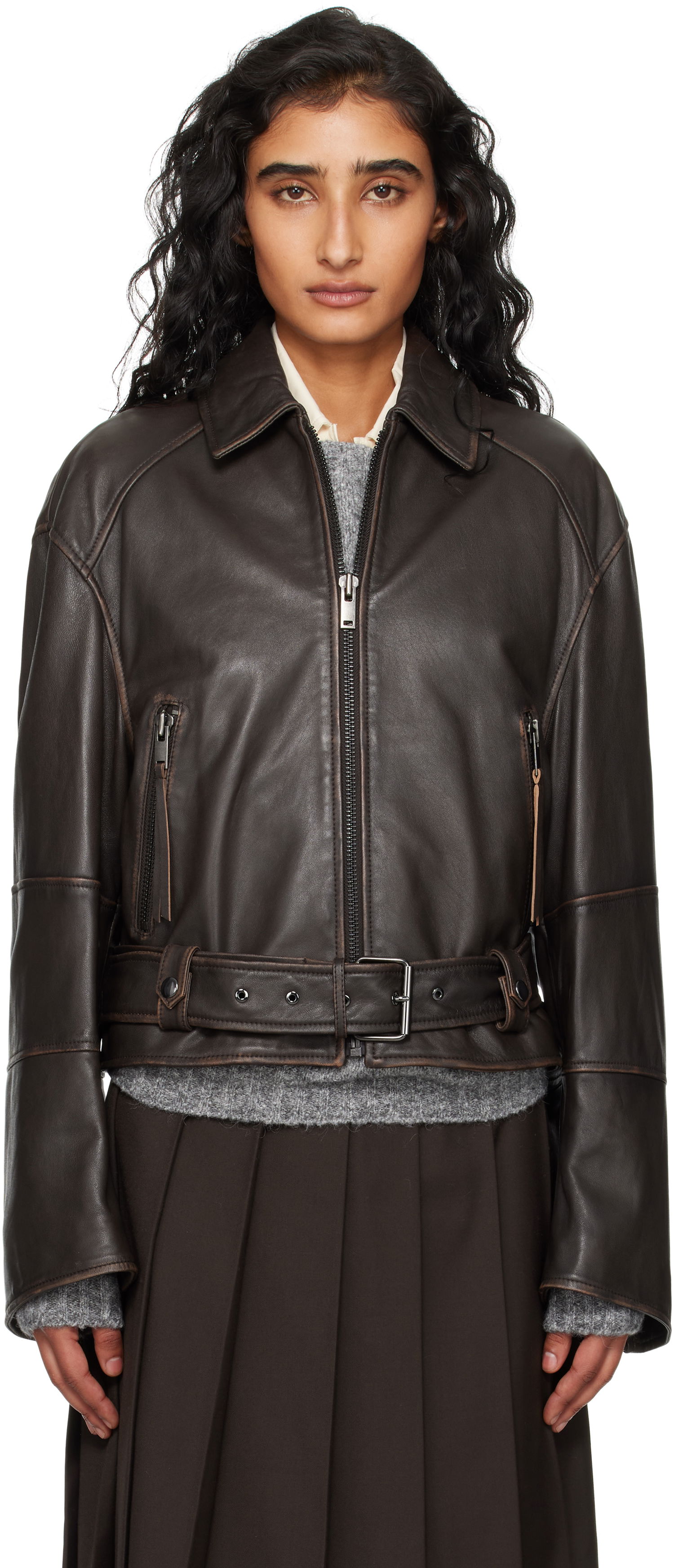 Jakke Max Mara Weekend Max Mara Egizio Leather Jacket Brun | 2525446011600, 0