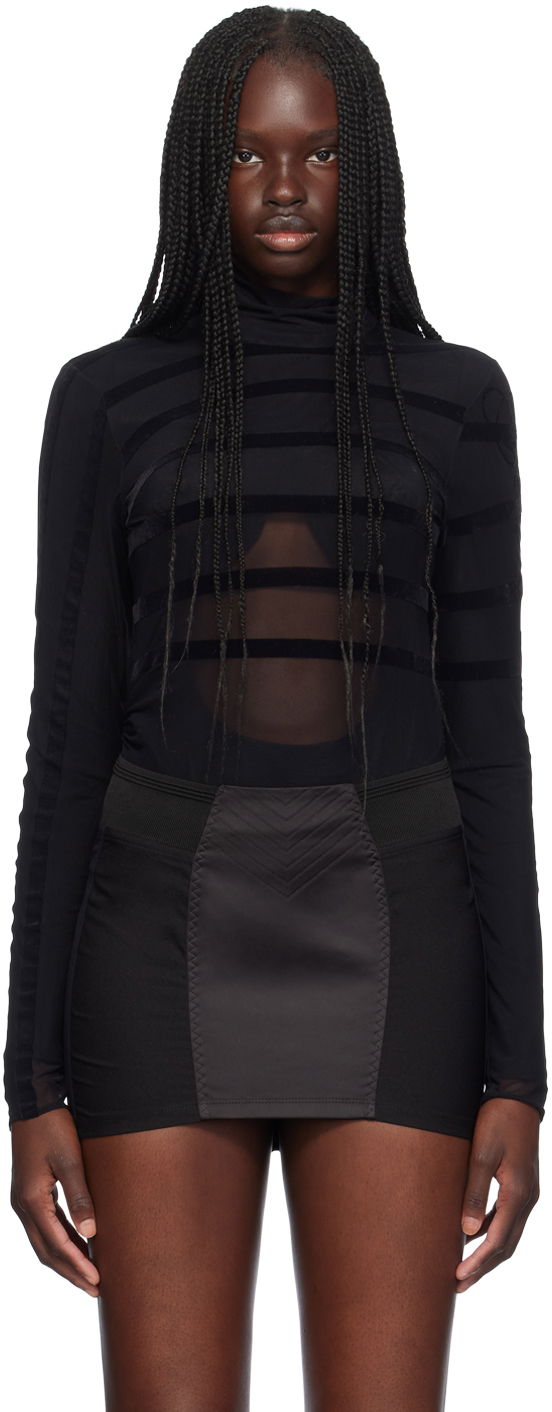 T-shirt Jean Paul Gaultier Jean Paul Gaultier Striped Flocked Semi-Sheer Turtleneck Bodysuit Sort | 24/30-F-BD048I-T004-0000