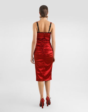Kjole Dolce & Gabbana Dolce & Gabbana Draped Satin Calf-Length Dress with Conical Cups Rød | F6TNRTFURADR0046, 2