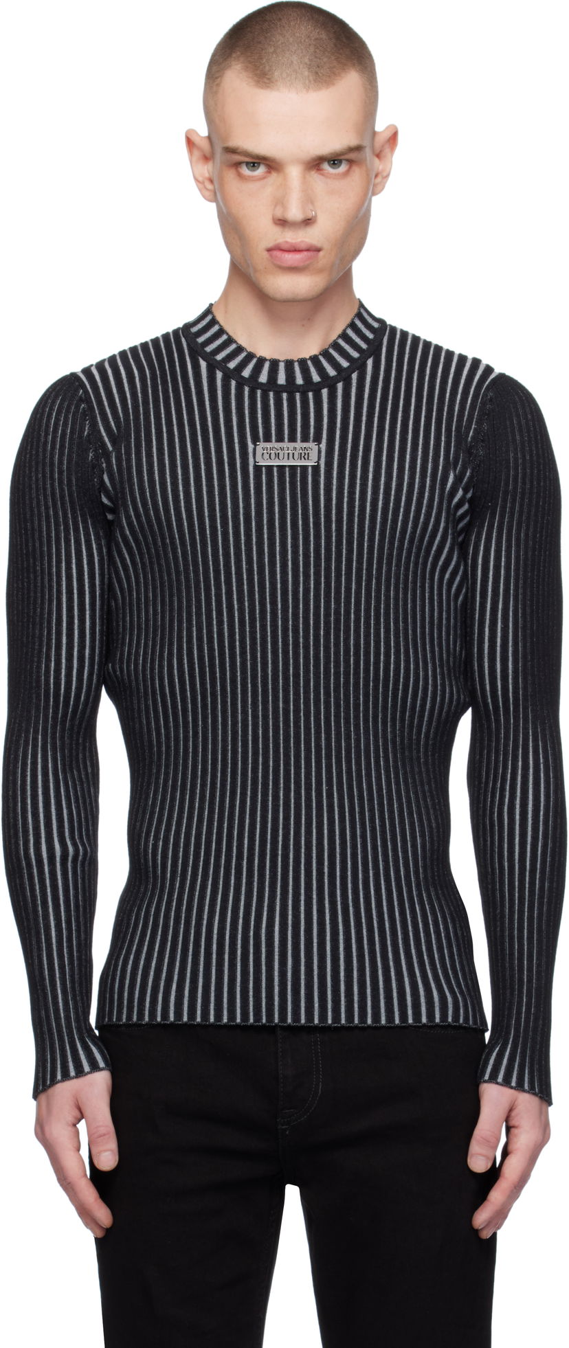 Sweater Versace Slim-Fit Ribbed Logo Sweater Sort | E77GAFM04_ECMN67