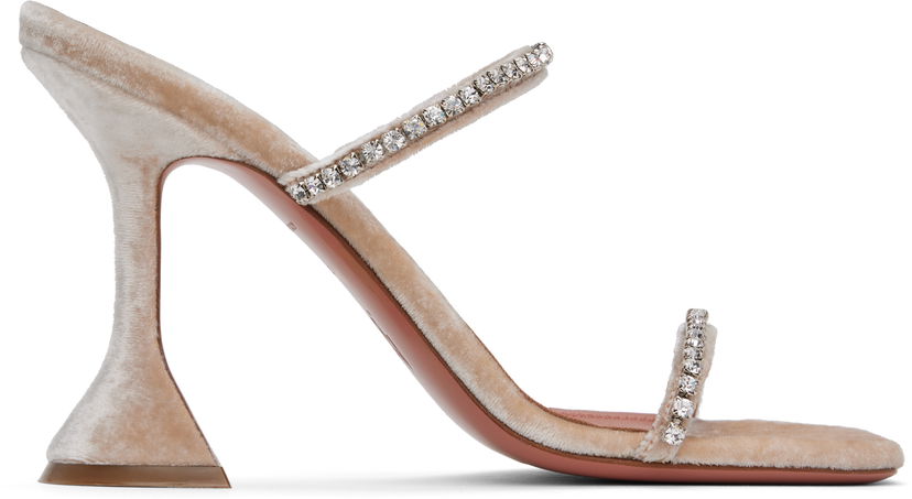 Tilbehør Amina Muaddi Amina Muaddi Gilda Crystal-Embellished Velvet Heeled Sandals Beige | GILDA SLIPPER VELVET