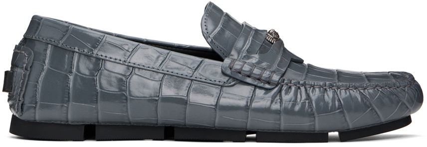 Sneakers og sko Versace Gray Medusa Croc-Effect Driver Loafers Grå | 1013960_1A09881, 0