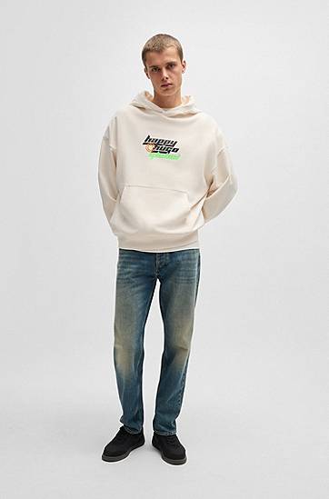 Sweatshirt BOSS Happy HUGO Oversized Cotton-Terry Hoodie Hvid | 50536113, 1