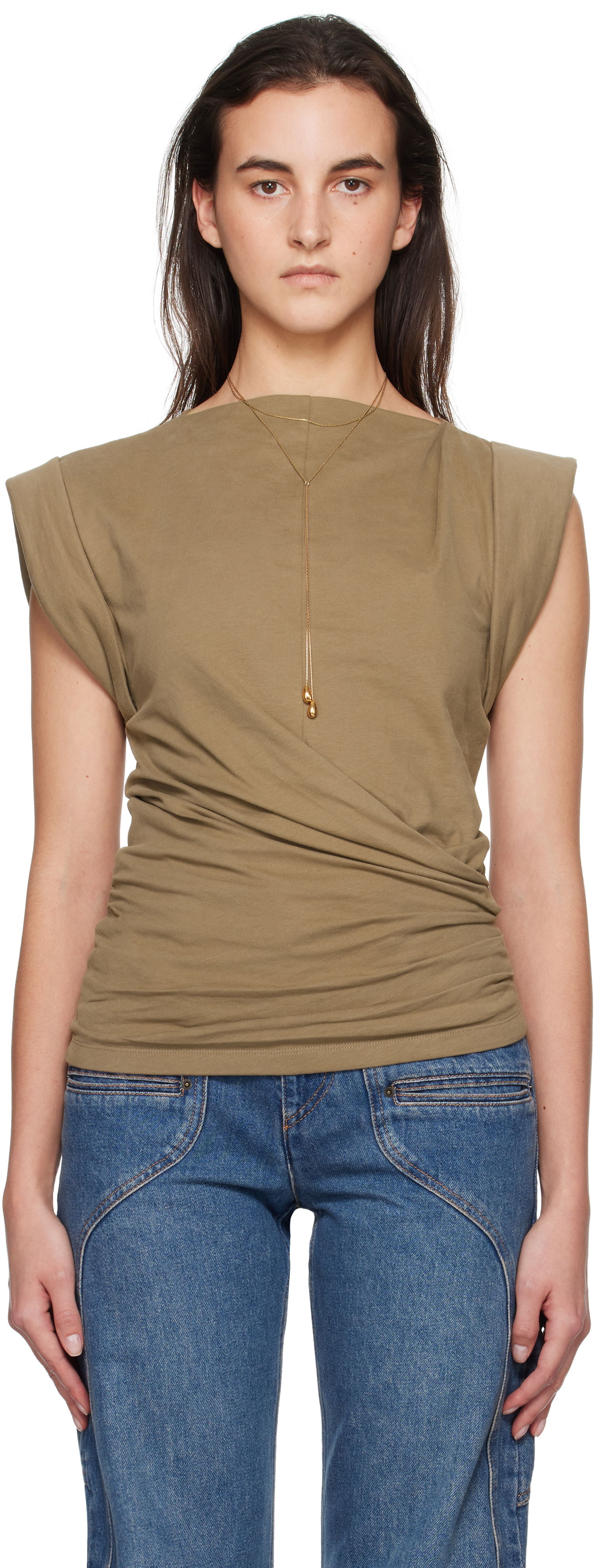 Tanktop ISABEL MARANT Maisan Draped Shoulder Pad T-Shirt Grøn | 25PTS0207FA-A1N41I, 0