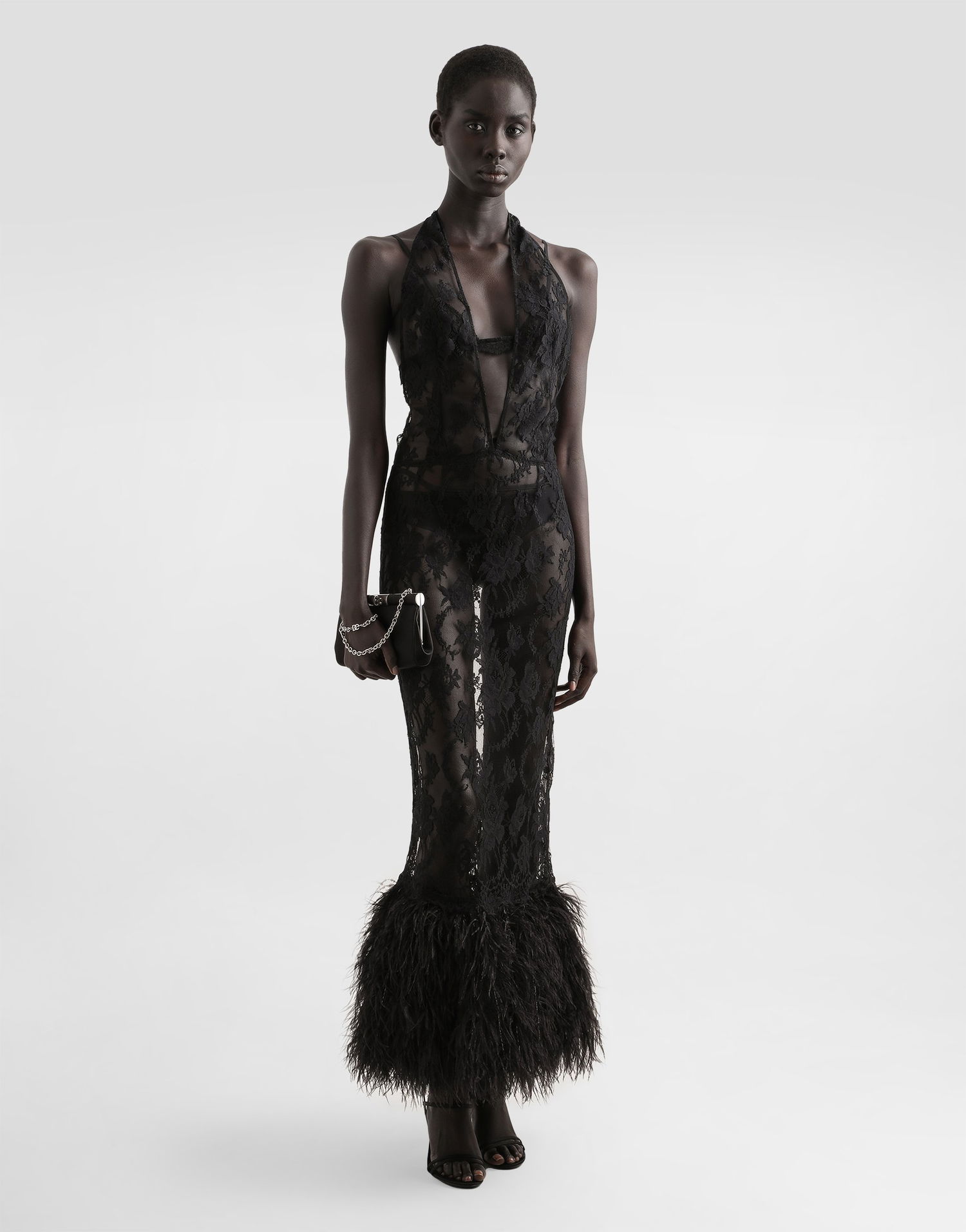 Kjole Dolce & Gabbana Dolce & Gabbana Chantilly Lace Halter Dress with Feather Trim Sort | F60DFZHLMQJN0000, 1