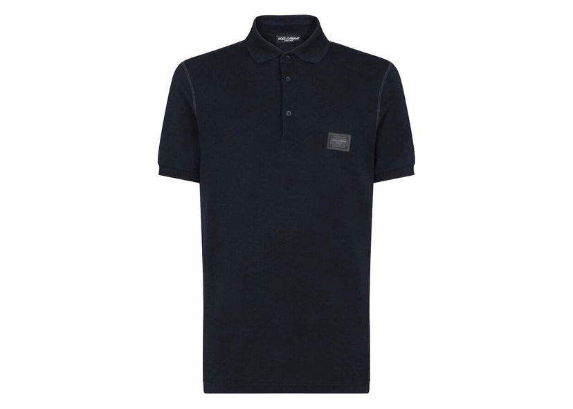 Polo skjorte Dolce & Gabbana Cotton Pique Branded Plate Polo Shirt Blue Sort | G8KK1TFU7ENB0665