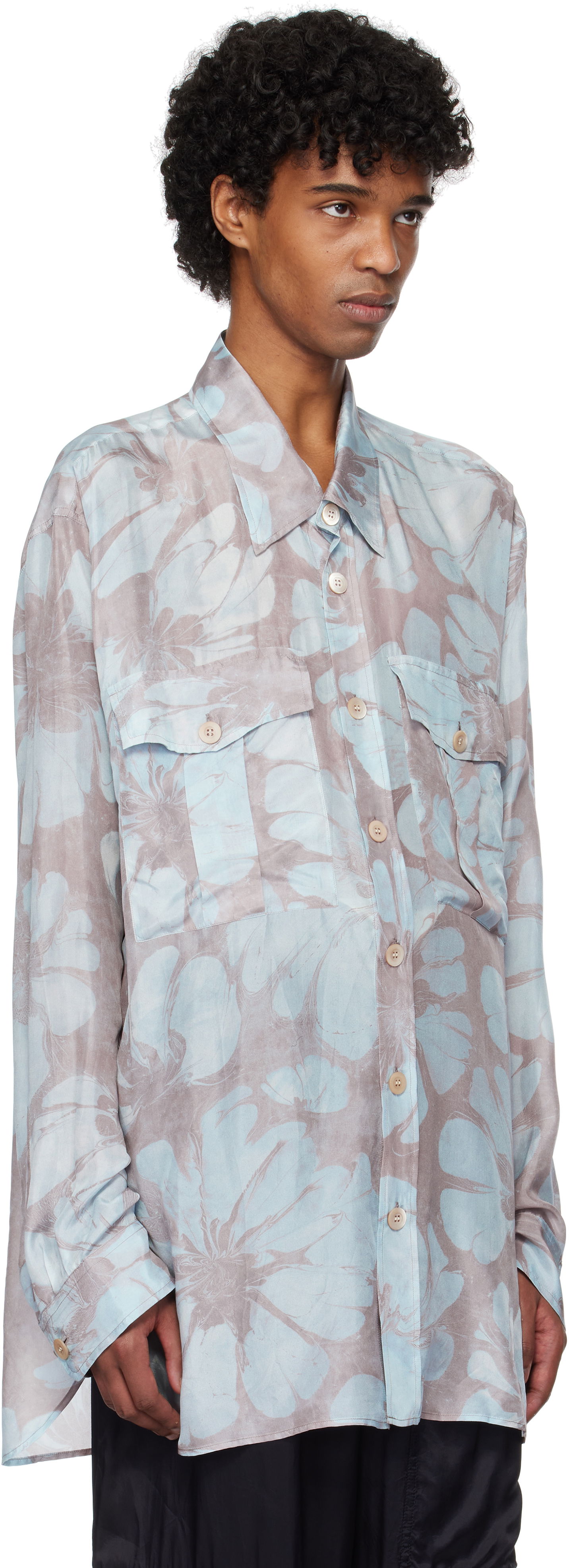 Skjorte Dries Van Noten Dries Van Noten Silk Floral-Print Shirt Blå | 251-020721-1202, 1