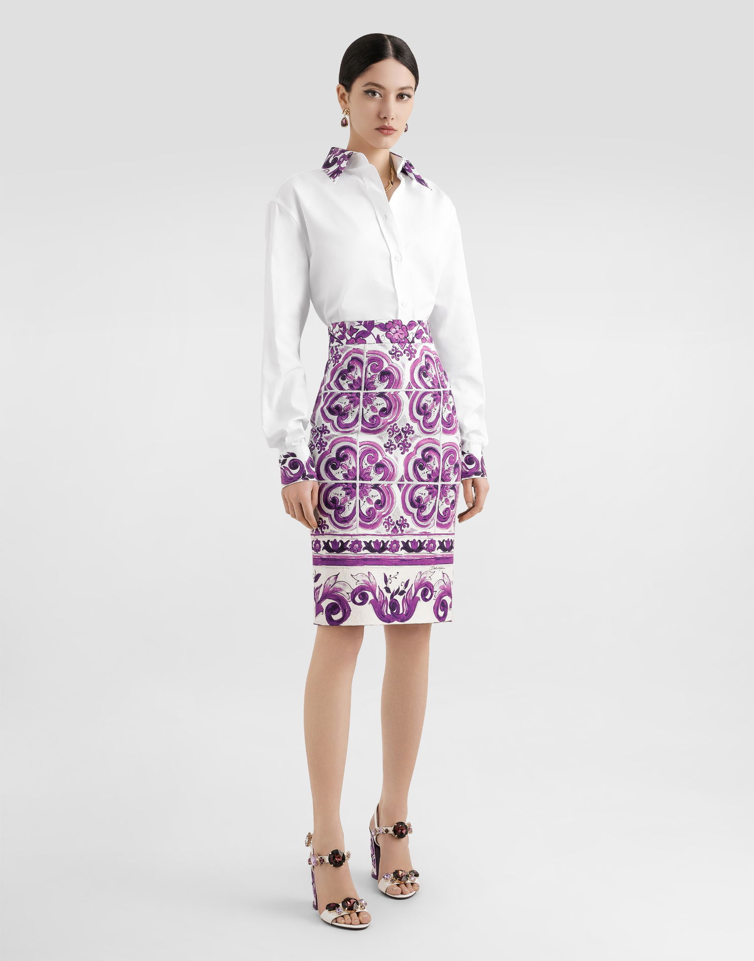 Skjorte Dolce & Gabbana Dolce & Gabbana Cotton Poplin Shirt with Purple Print Hvid | F5S54TFU5T9W0800, 1