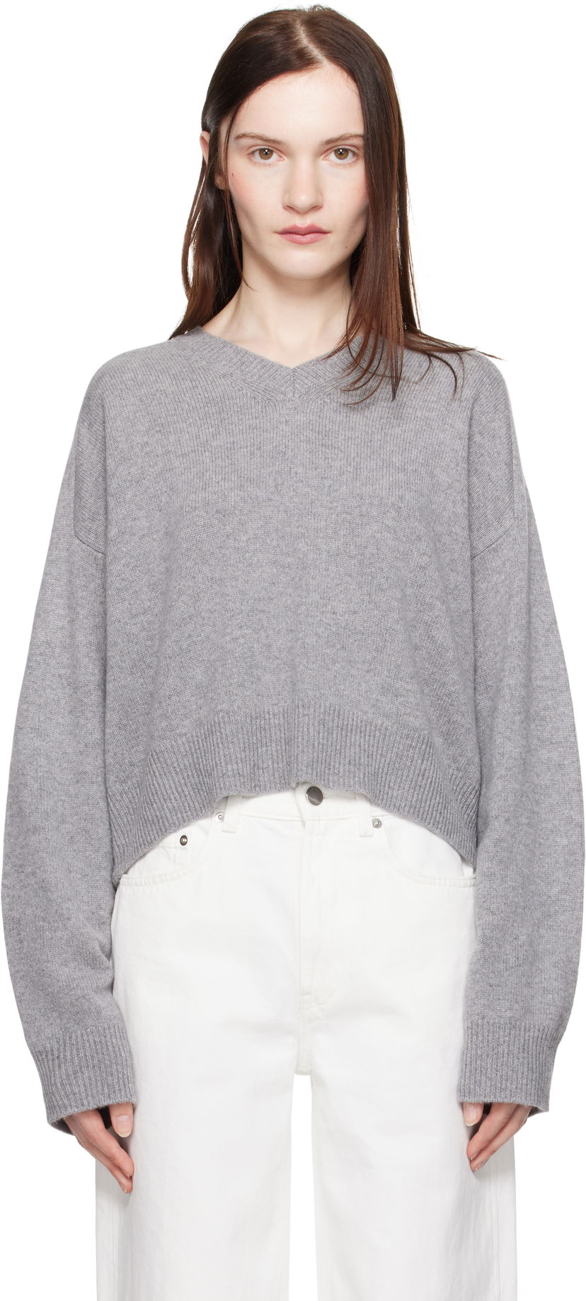 Sweater Loulou de Saison Loulou de Saison Anzor Cropped V-Neck Sweater Grå | ANZOR