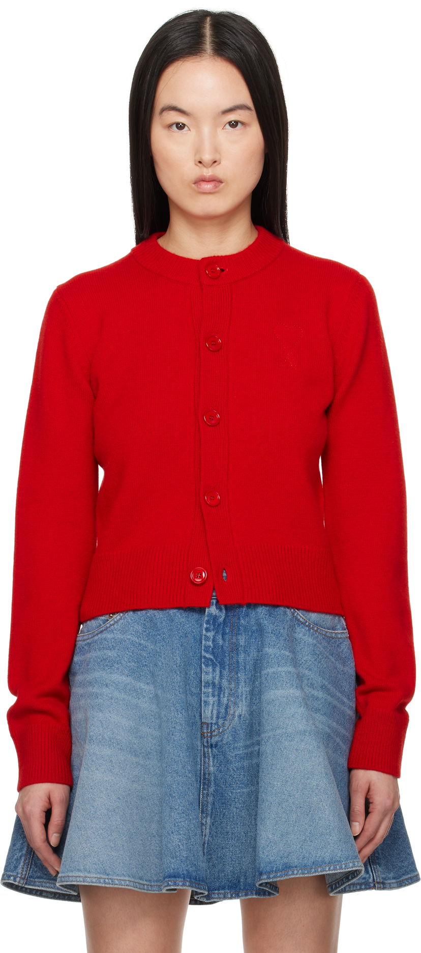 Sweater AMI AMI Paris Ami de Coeur Crewneck Wool Cardigan Rød | FKC171.KN0071