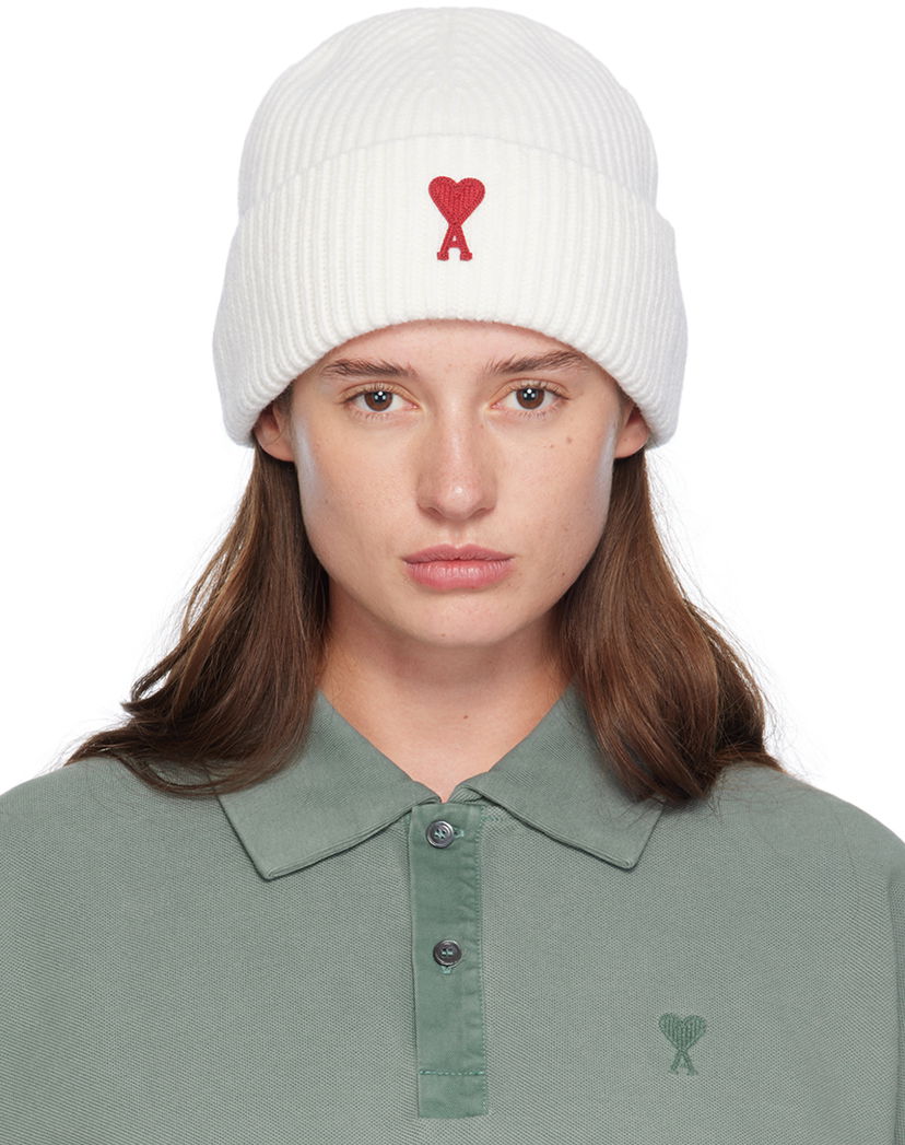 Beanie AMI Paris Off-White Red de Cœur Beanie Hvid | UHA116.018