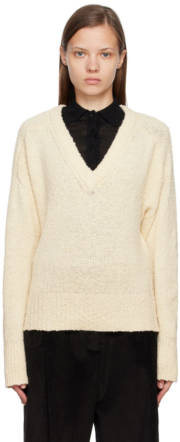 Sweater TOTEME Textured Knit V-Neck Sweater Hvid | 224-5106-324