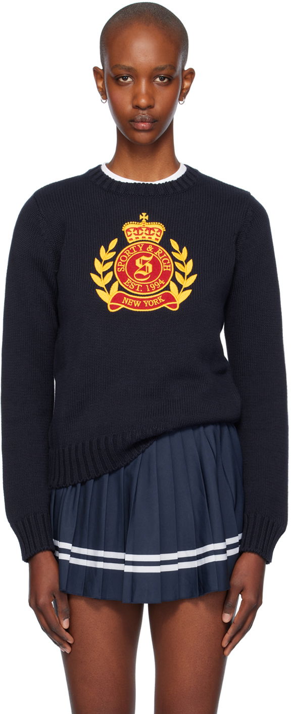 Sweater Sporty & Rich Crest Knitted Crewneck Sweater Mørkeblå | WS065516243BL32