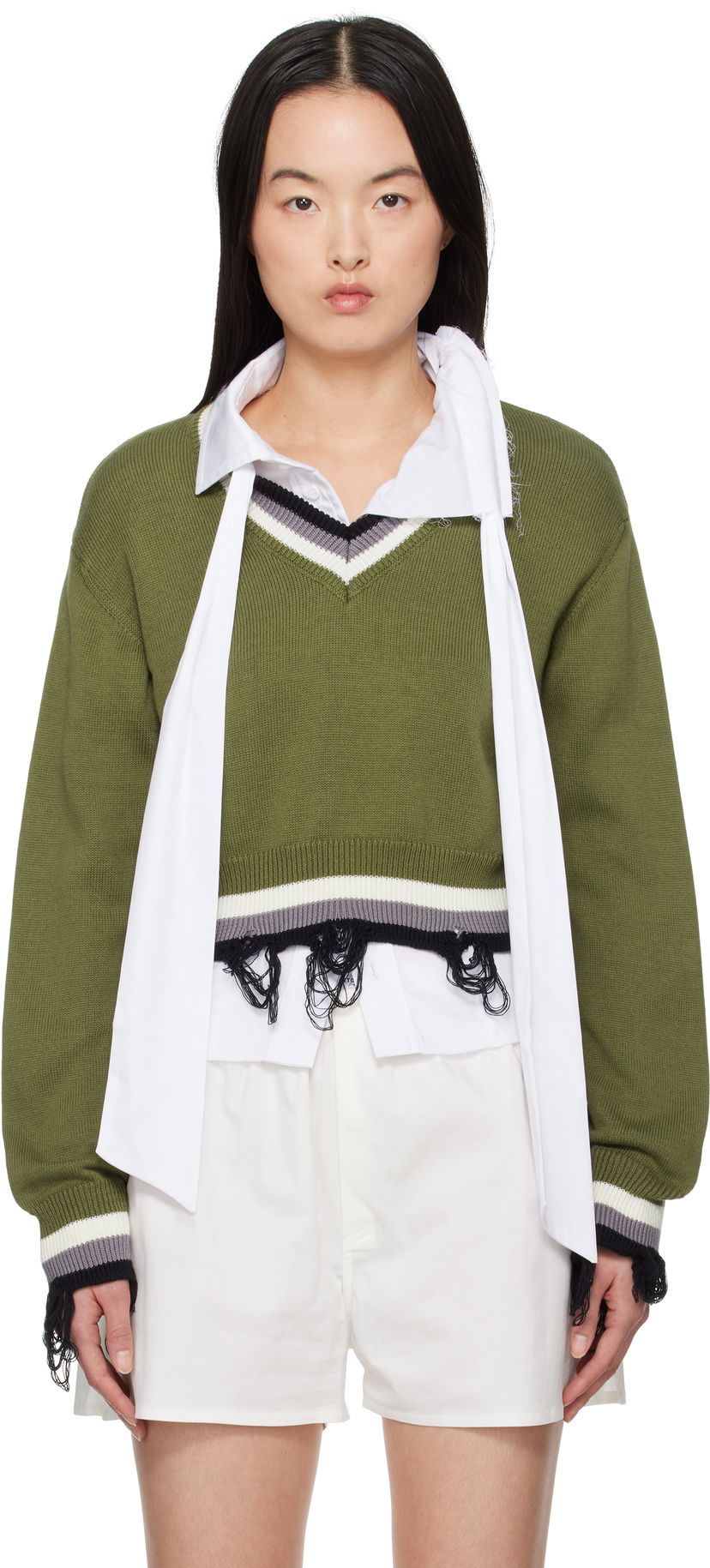 Sweater Ottolinger Ottolinger Cropped V-Neck Sweater Grøn | 10710150701