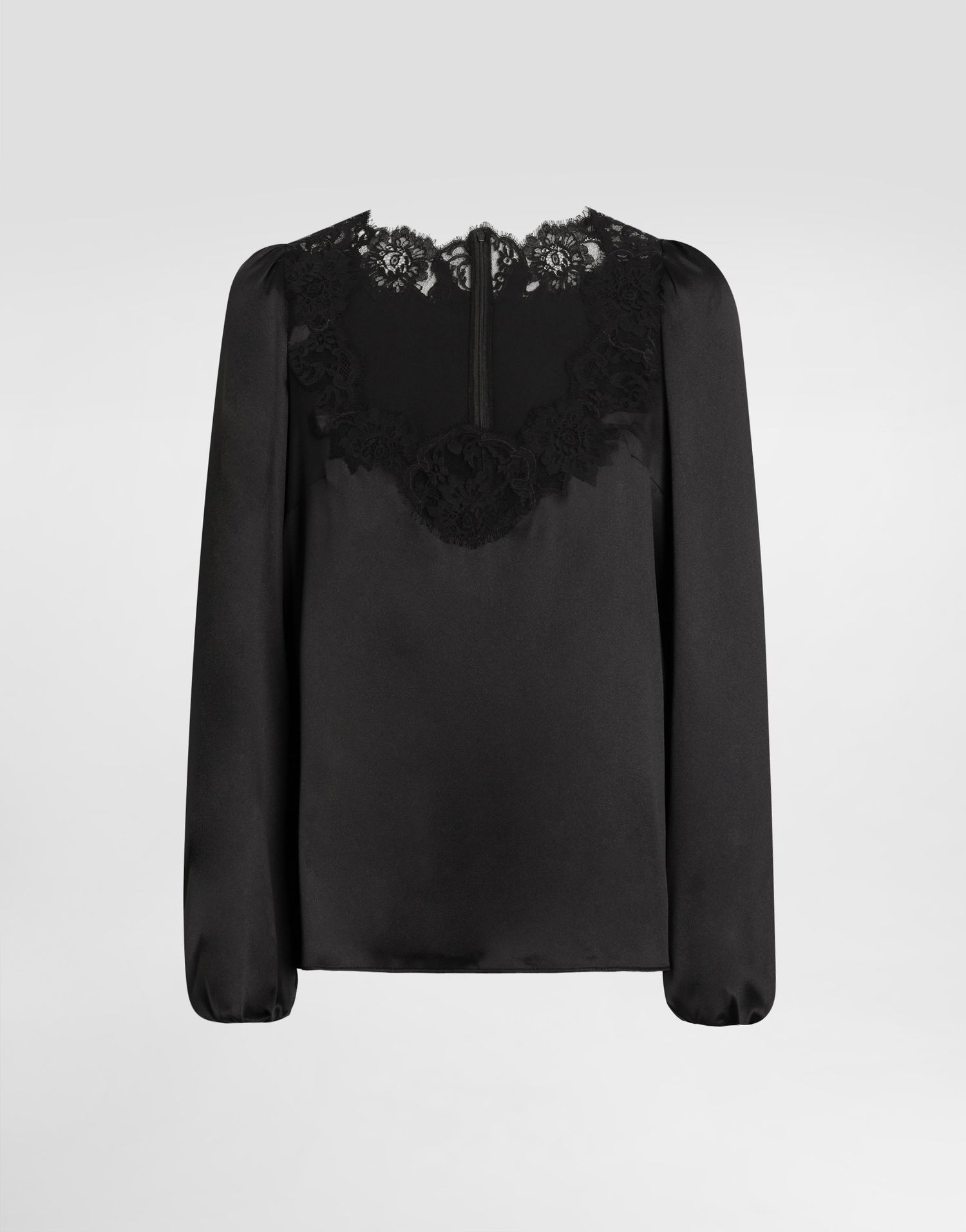 Skjorte Dolce & Gabbana Dolce & Gabbana Silk Stretch Satin Blouse with Scalloped Lace Yoke Sort | F7BF3TFURAGN0000, 0