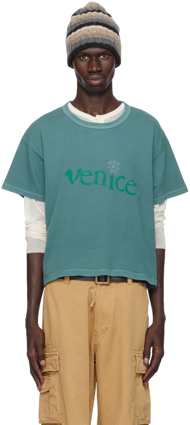 T-shirt ERL 'Venice' Print Cropped T-Shirt Blå | ERL09T001, 0