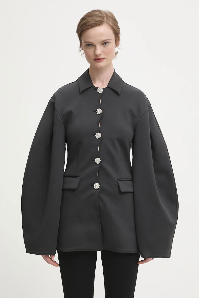 Jakke GANNI Scuba Neoprene Blazer with Voluminous Sleeves and Crystal Buttons Sort | W0516