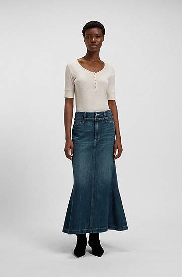 Nederdel BOSS Flared denim maxi skirt with self-tie belt Blå | 50548436, 1