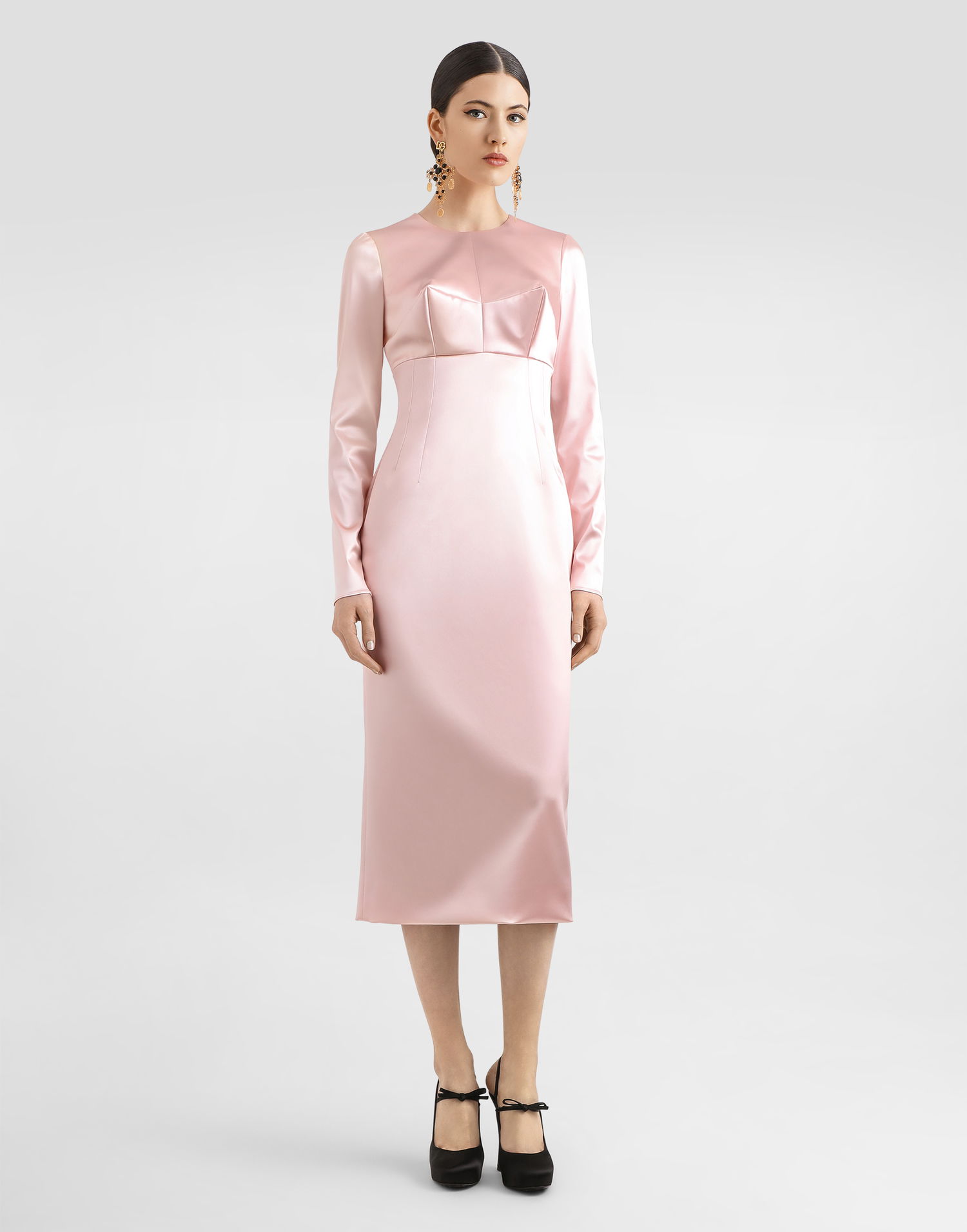 Kjole Dolce & Gabbana Dolce & Gabbana Stretch Satin Round-Neck Calf-Length Dress Lyserød | F6TRHTFURADF0372, 1