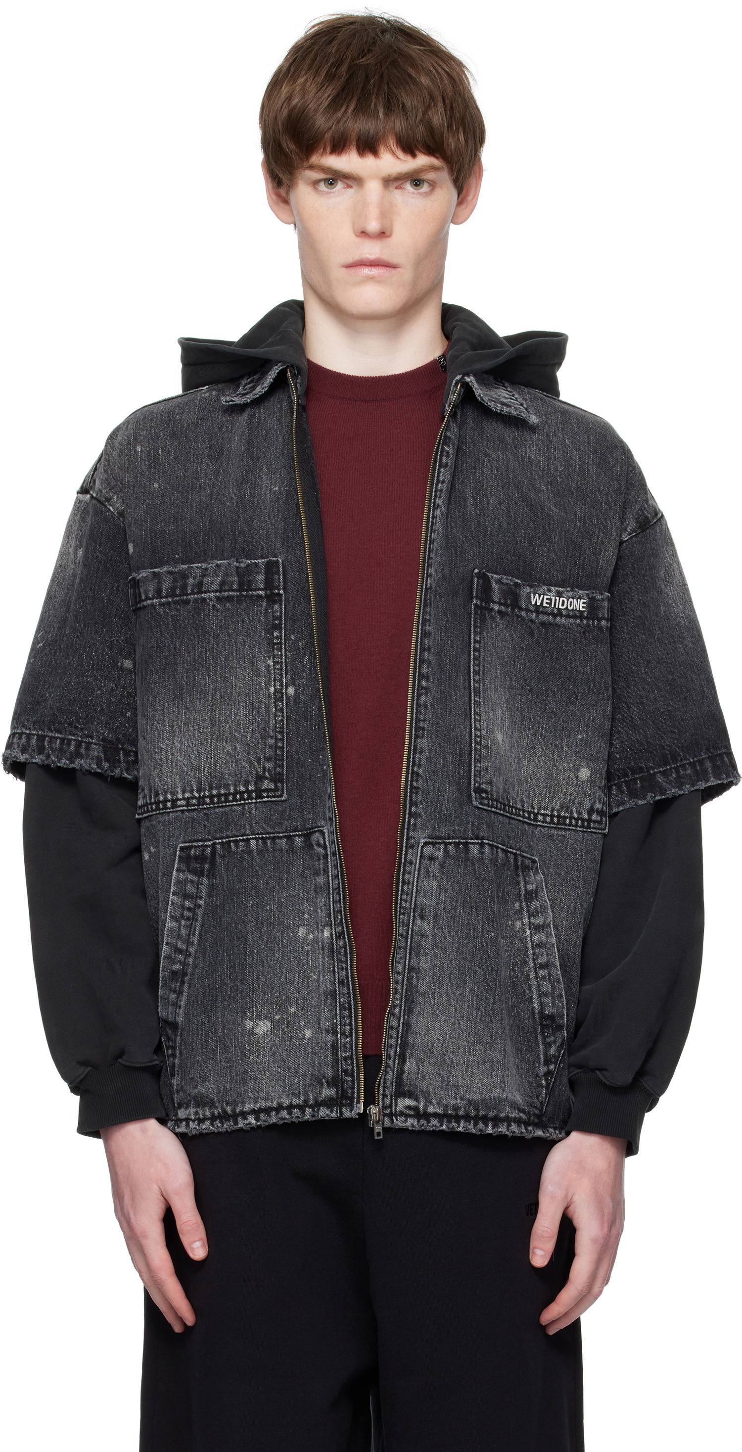 Jakke We11done We11done Faded Layered Hoodie Denim Jacket Sort | WD-DJ2-25-315-M-BK, 0