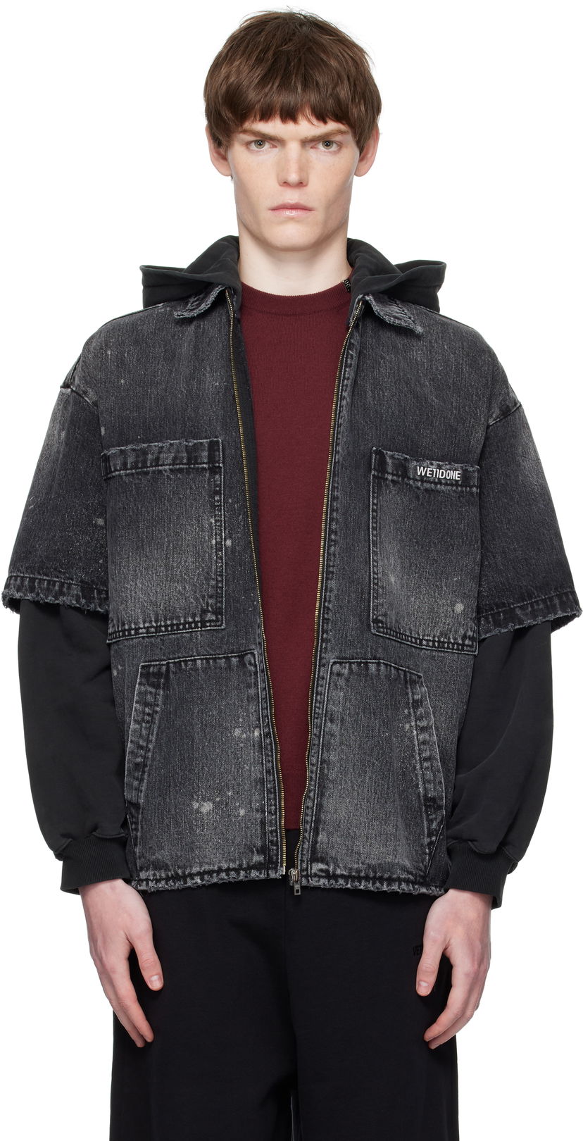 Jakke We11done We11done Faded Layered Hoodie Denim Jacket Sort | WD-DJ2-25-315-M-BK
