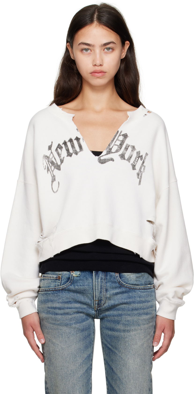 Sweatshirt R13 R13 Cropped Front Slit 'New York' Sweatshirt Hvid | R13WK251-K099B