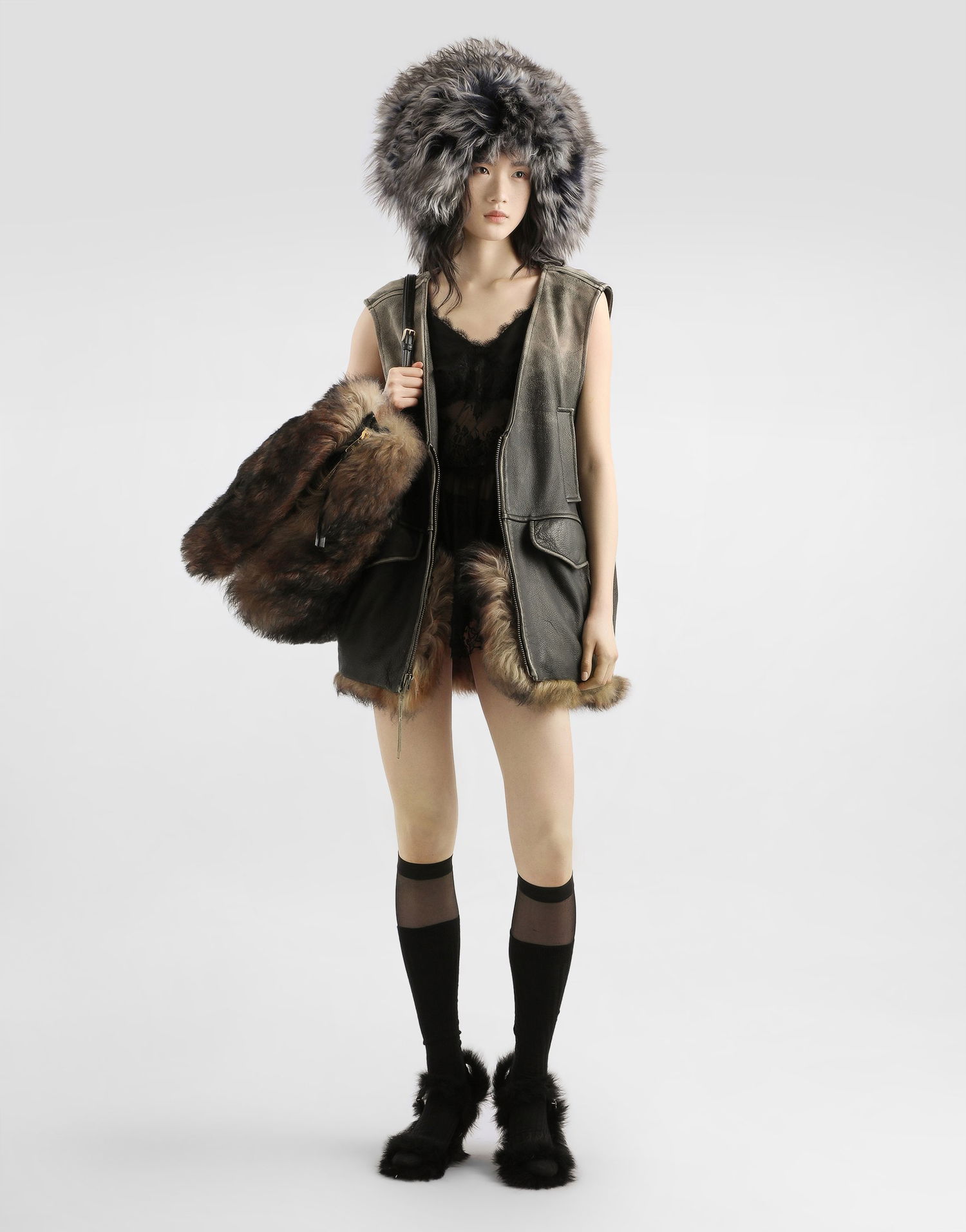 Vest Dolce & Gabbana Dolce & Gabbana Vintage Fur Trimmed Leather Vest Sort | F792MLGDDEQM0937, 1