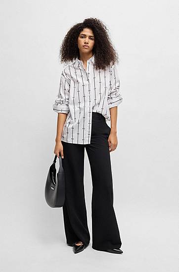 Skjorte BOSS Oversized Logo-Stripe Cotton Poplin Blouse Hvid | 50538451, 1